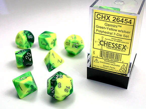 Chessex: Gemini Green-Yellow With Silver 7 Die Set