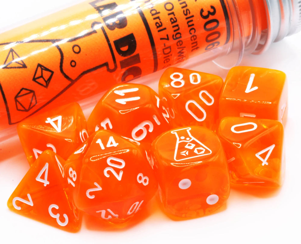 Chessex: Lab Dice - Translucent Neon Orange w/White (Polyhedral, 7ct)