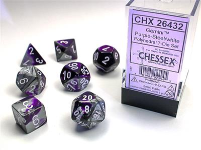 Chessex: Gemini Polyhedral Purple-Steel/white 7-Die Set