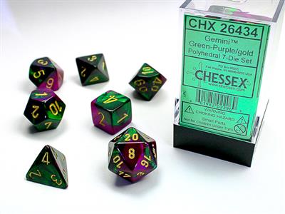 Chessex: Gemini Polyhedral Green-Purple/gold 7-Die Set